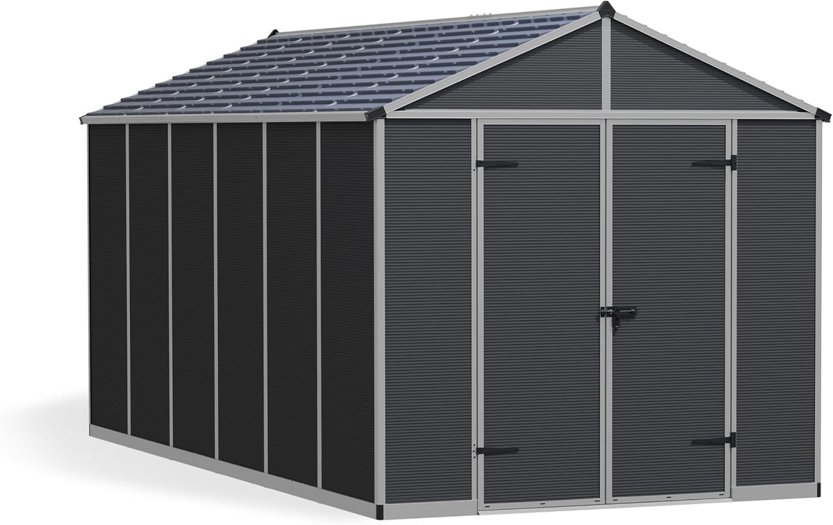 Palram - Canopia Rubicon 8' x 15' x 8' Backyard Outdoor Storage Shed, Gray