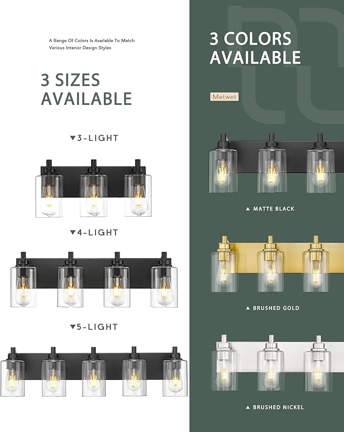 METWET 3-Light Bathroom Light Fixtures, Modern Vanity Lighting Fixtures Over