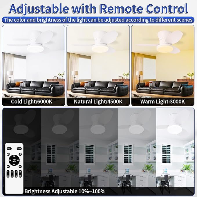 Glowall Small Ceiling Fan with Lights, 25 Inch Flush Mount with Remote Control