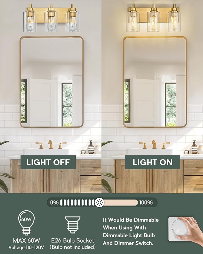 METWET 3-Light Bathroom Light Fixtures, Brushed Gold Vanity Light