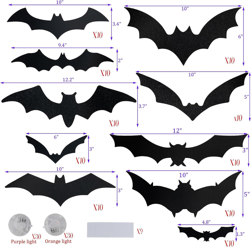 Dazzle Bright 100 PCS Halloween Bats Stickers with 60 Purple and Orange Lights, Lighted 3D Bat Wall Stickers, Halloween Decorations for Indoor Home Garage Window Decor Party Supplies
