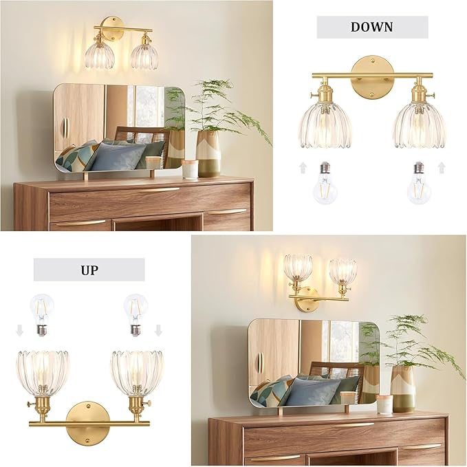 Shenmoyl Bathroom Light Fixtures, 2-Light Brass Vanity Wall Light Over Mirror