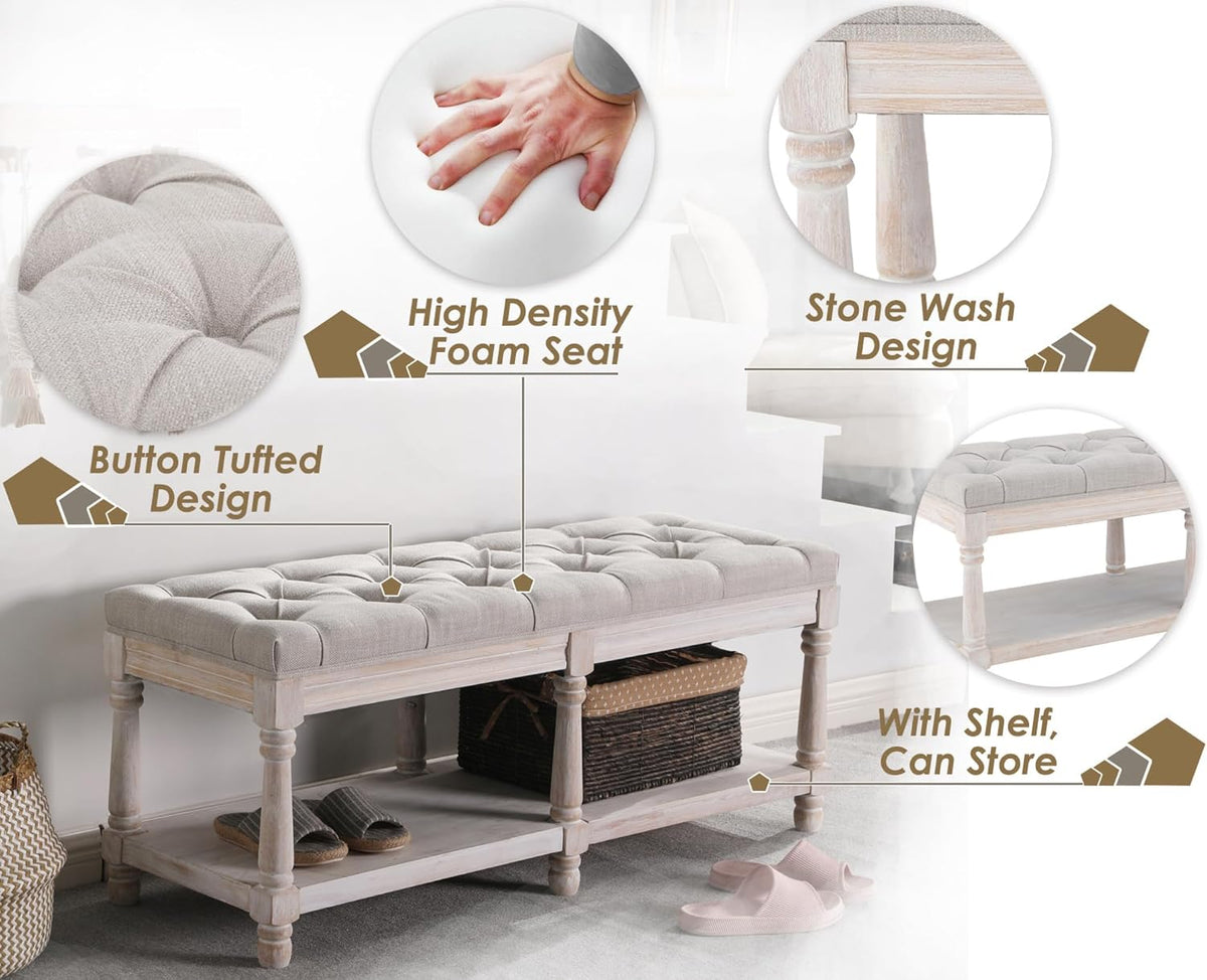 farmhouse storage bench wooden entryway upholstered tufted ottoman, side view