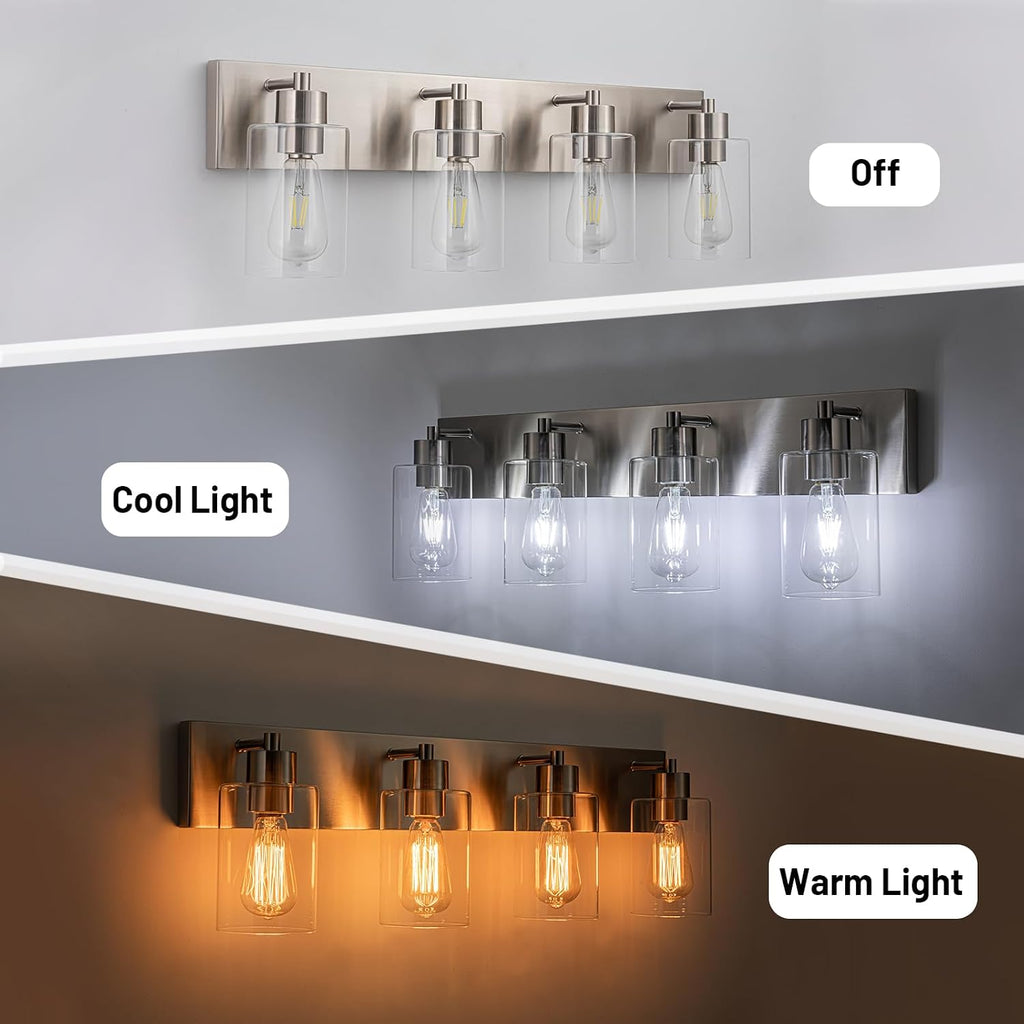 4-Light Brushed Nickel Bathroom Vanity Lights, Clear Glass | Brushed Nickel Metal Frame,Up/Down Wall Mount,cylinder Glass Shade,Kitchen Hallway Bedroom Indoor Use,Easy Install,E26 Base