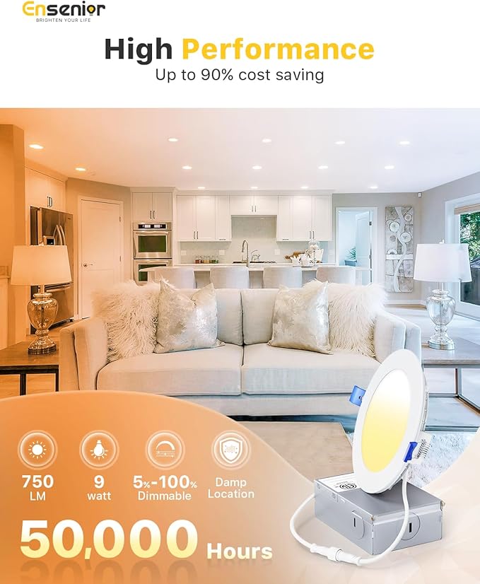 Ensenior 12 Pack 4 Inch LED Recessed Ceiling Light, 5000K Daylight, 750LM 9W