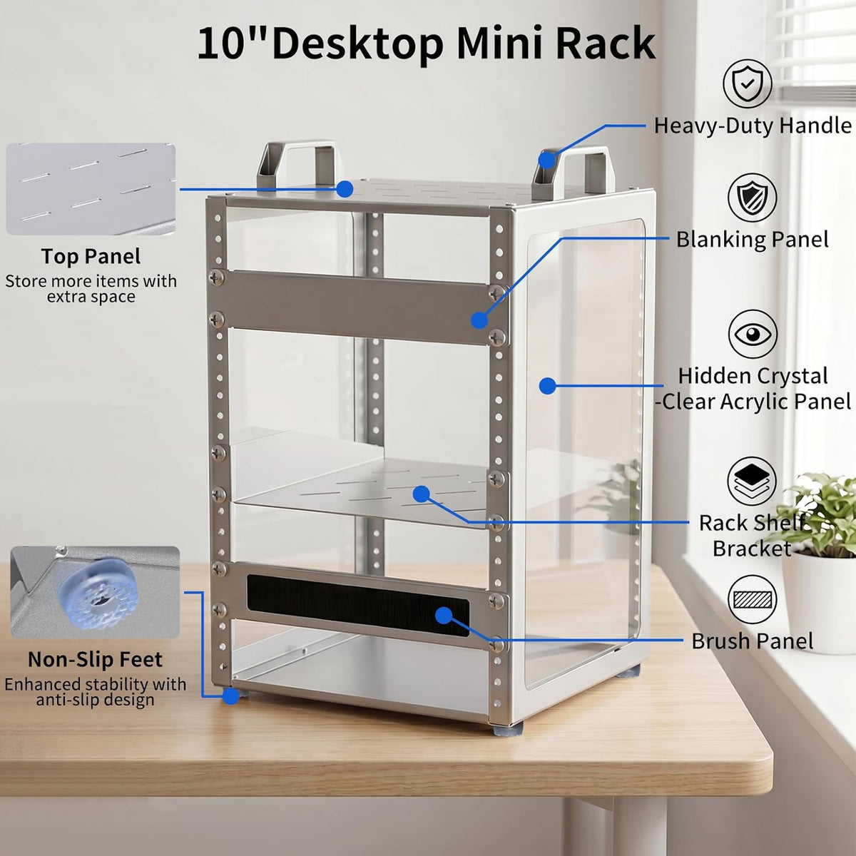 8u 10 inch network rack, 9.45 inch deep, close-up detail