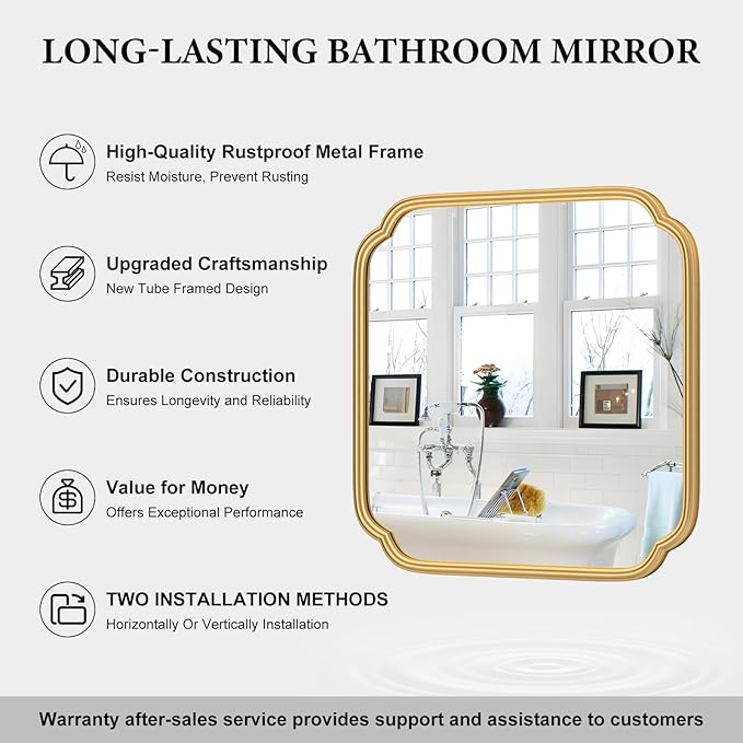 Gold Bathroom Mirror for Wall 24" x 24" Modern Rounded Corner Square Mirror
