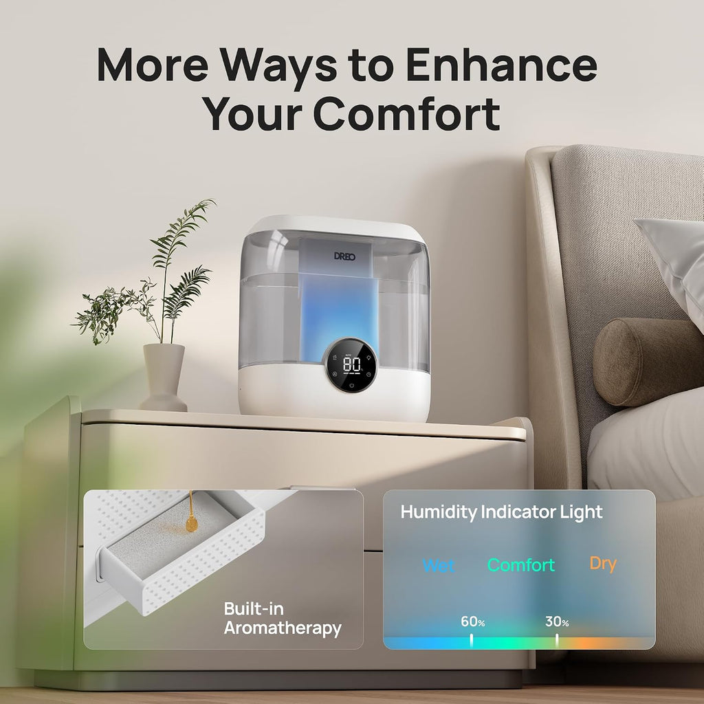 dreo 6l top fill humidifiers for bedroom, 60h on a desk or shelf