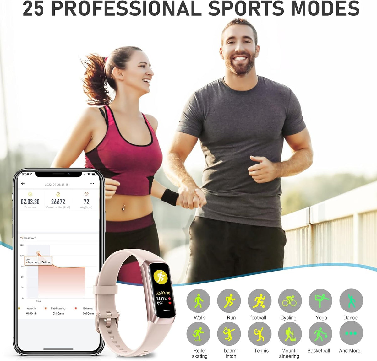 fitness tracker with 24/7heart rate, blood pressure, sleep, side view
