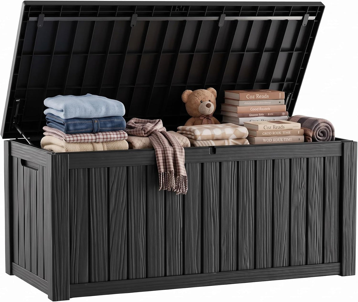 180 gallon resin deck box, waterproof lockable outdoor shown in use