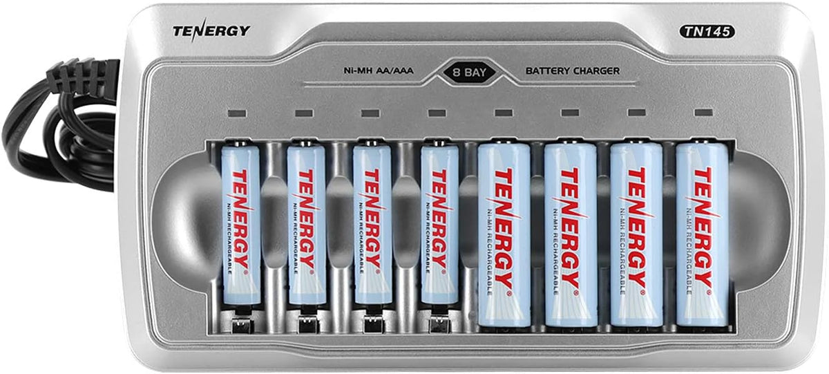 Tenergy TN145 8 Bay Charger and 4 Pack Rechargeable AA Batteries and 4 Pack