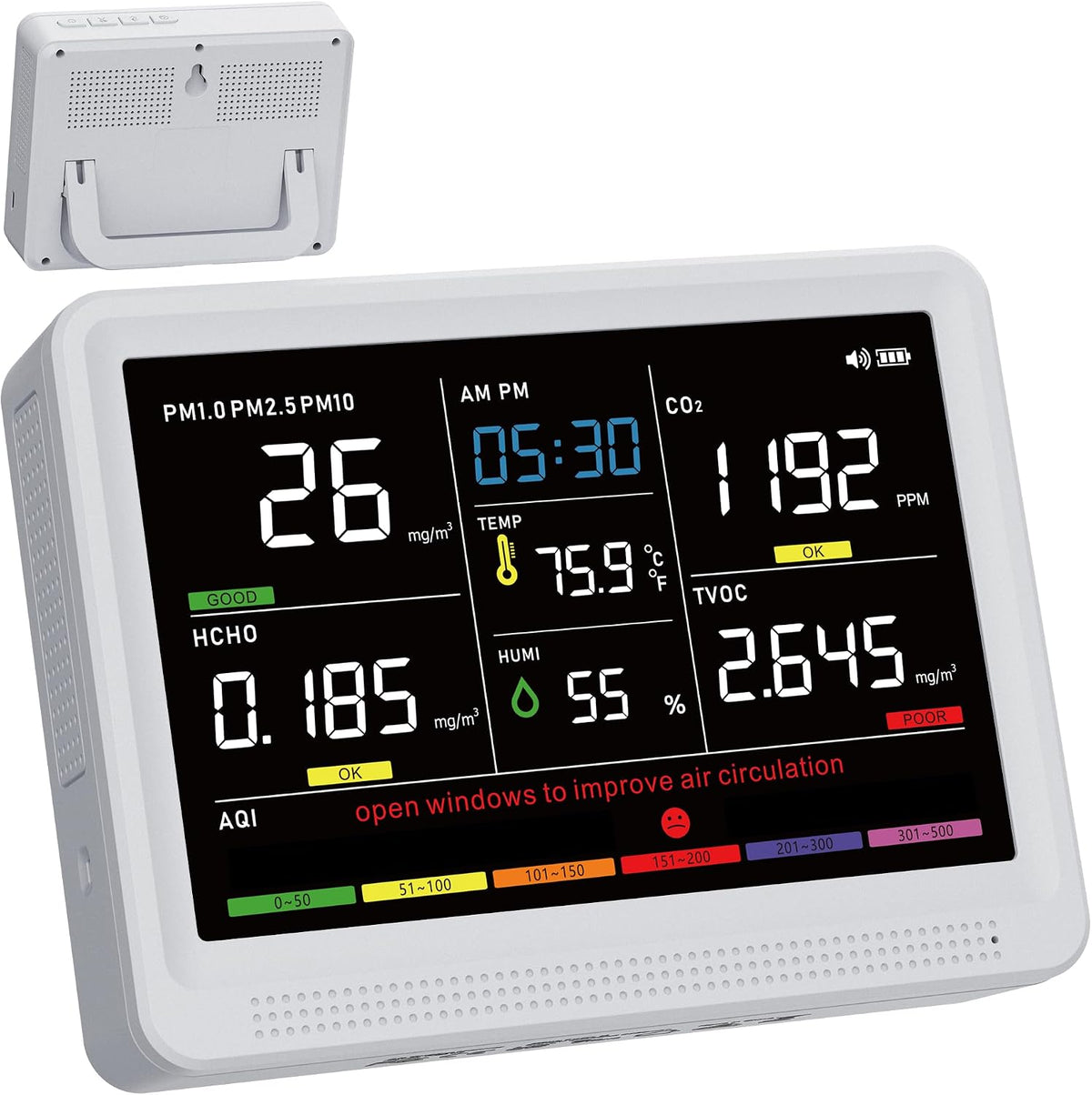 bonoch 16 in 1 Air Quality Monitor Indoor 10h-Battery & 5.5" Display 9 AQI+7