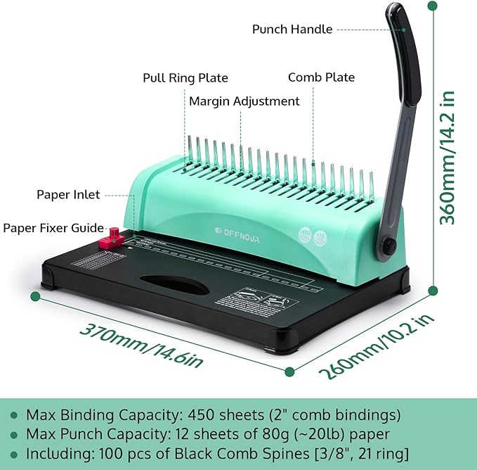 OFFNOVA Binding Machine, 21-Hole 450 Sheets Paper Comb Punch Binder Machine