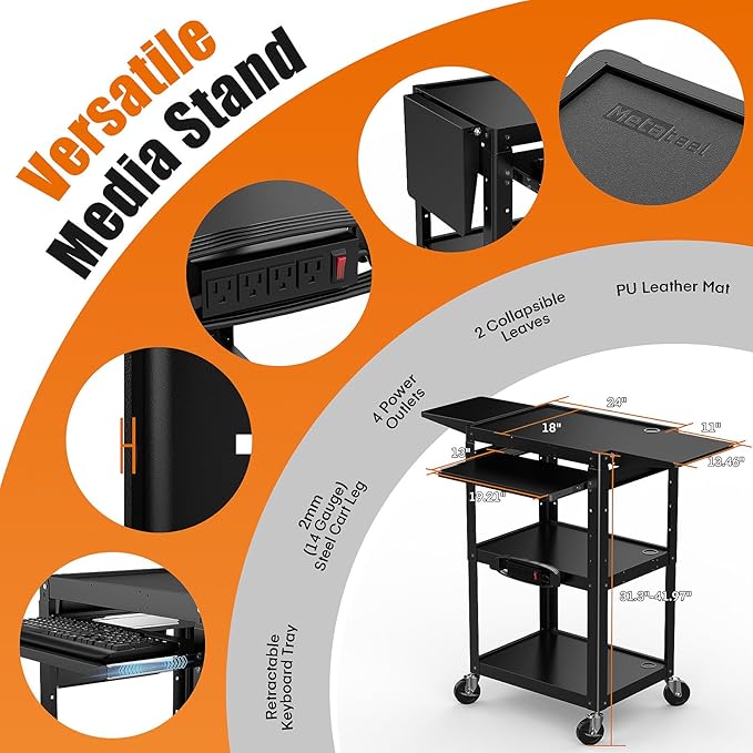 All-Steel Rolling AV Cart with Adjustable Height & Built-in Power – Heavy-Duty