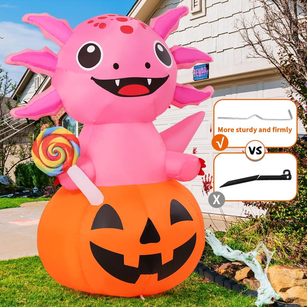 COMIN 5 FT Halloween Inflatables Axolotl Pumpkin Outdoor Decorations Blow Up Yard with Built-in LEDs for Indoor Party Garden Lawn Decor