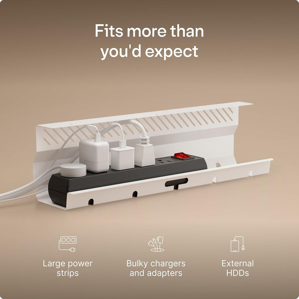 Desktronic Cable Duct Desk White Set of 2 - Stainless Steel Cable Management Desk Cable Duct with 5 Cable Cut-Outs - Easy to Install Cable Organiser - Cable Holder