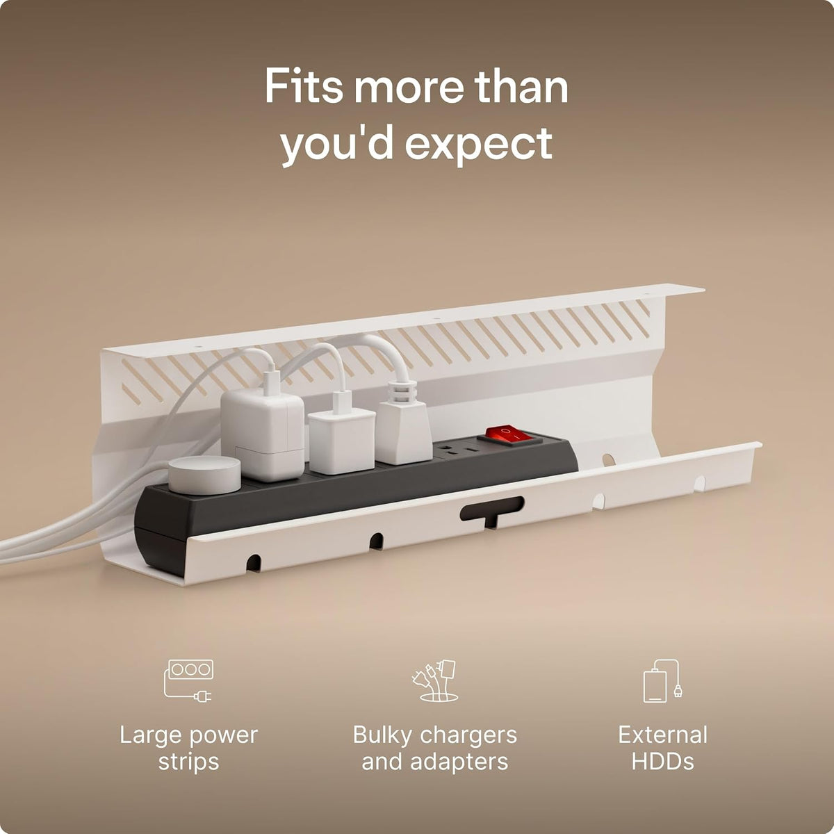 Desktronic Cable Duct Desk White Set of 2 - Stainless Steel Cable Management Desk Cable Duct with 5 Cable Cut-Outs - Easy to Install Cable Organiser - Cable Holder