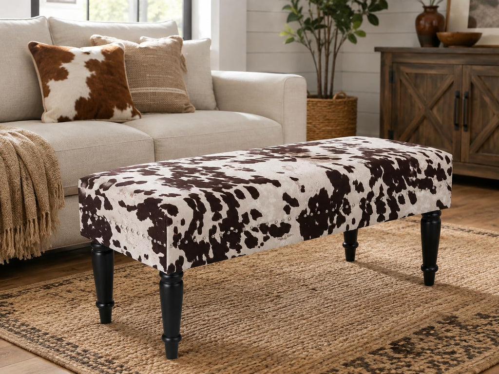 Homebeez 39.4" Cow Print Bench, Upholstered Bedroom Cowhide Bench, Western Bench Footstool with Wood Legs, for Entryway Dining Room Living Room Bedroom End of Bed (Brown Cow)