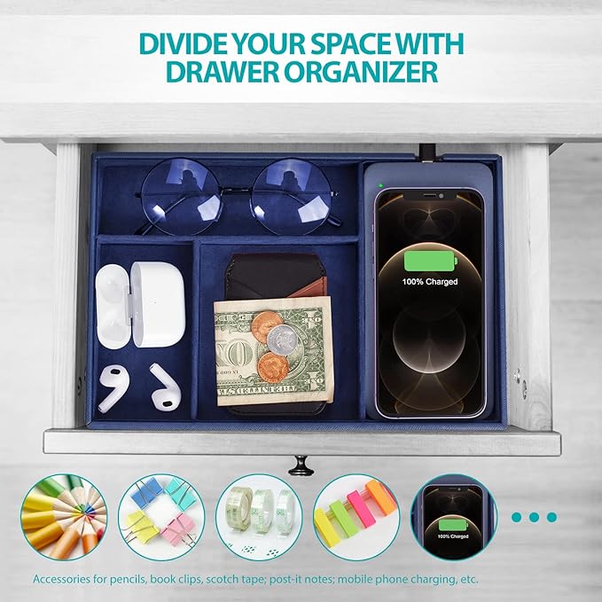 Valet Tray, Built in Wireless Charging Pad, Nightstand Organizer, Bedside