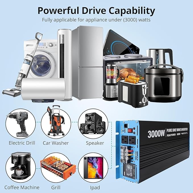 3000W Pure Sine Wave Inverter 1 USB Port 5v/2.4a, LCD Display&Remote Controller