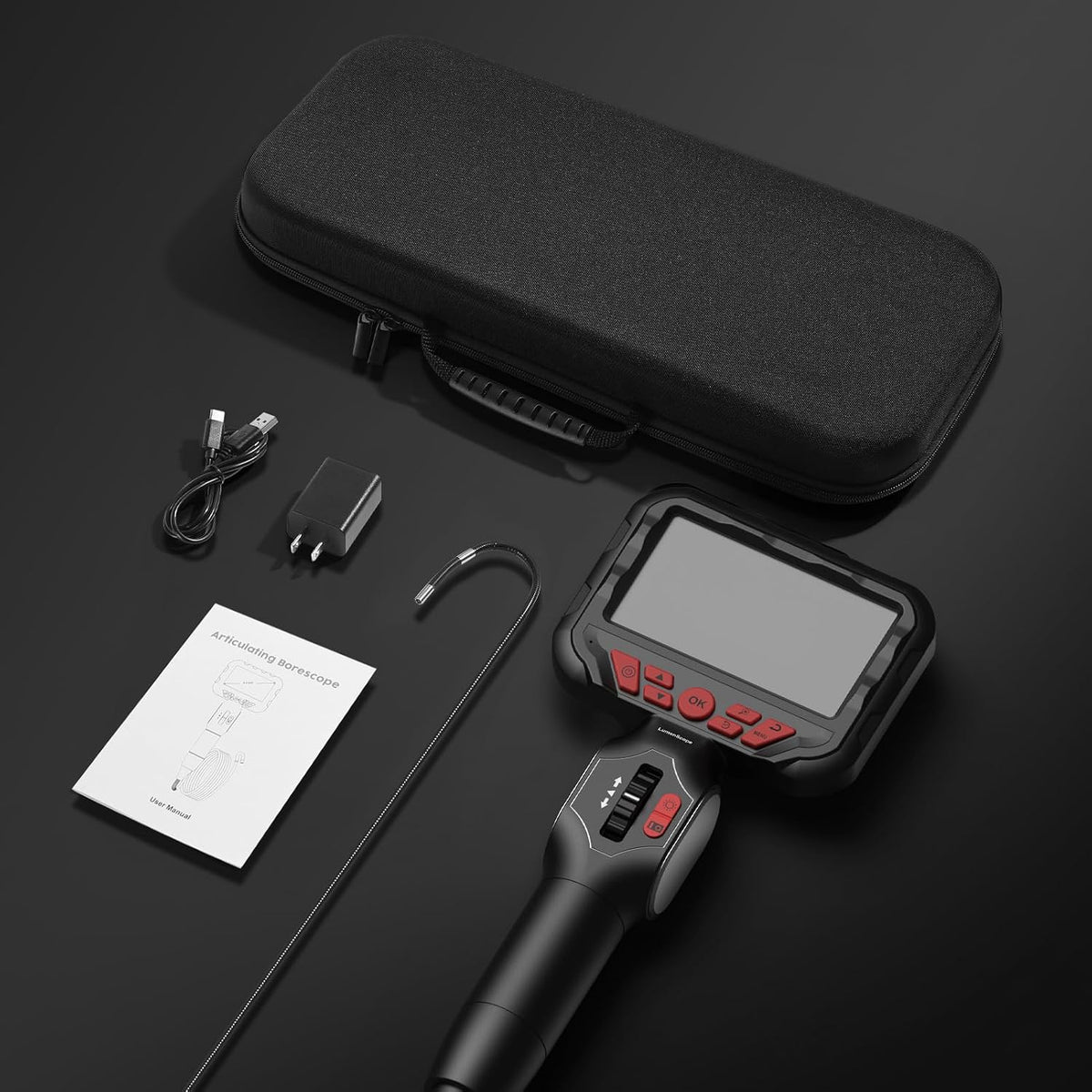 2-way articulating borescope w/light,0.24in probe endoscope for auto, front angle view