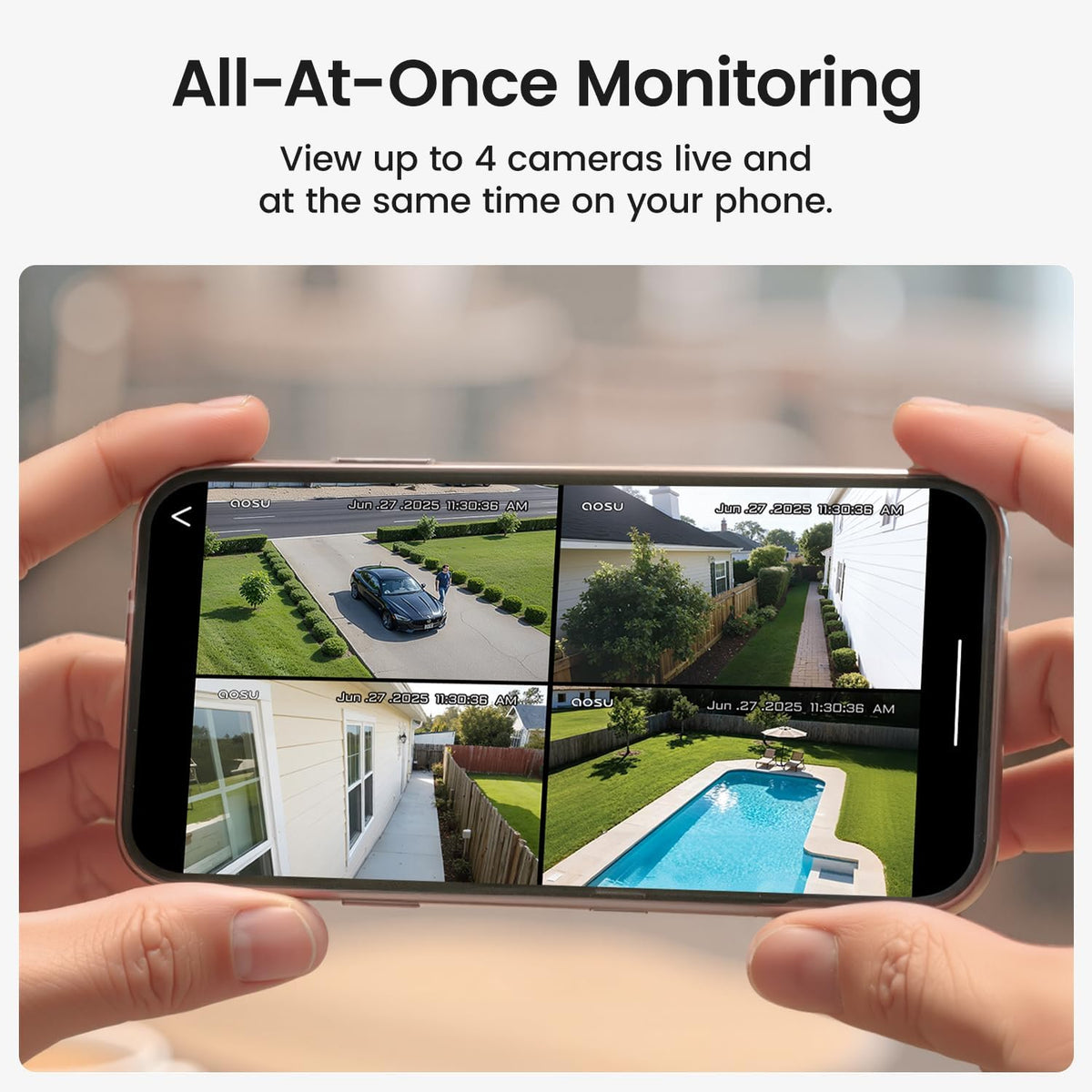 aosu d1 classic 4-cam kit, security cameras wireless, front angle view