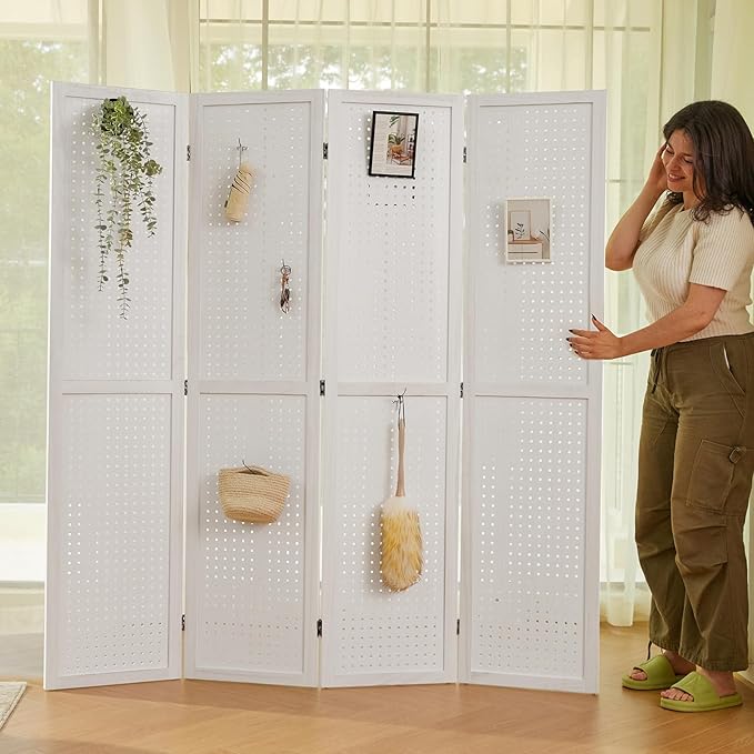 Room Divider Freestanding Folding Pegboard Privacy Screen 4-Panel Display Stand