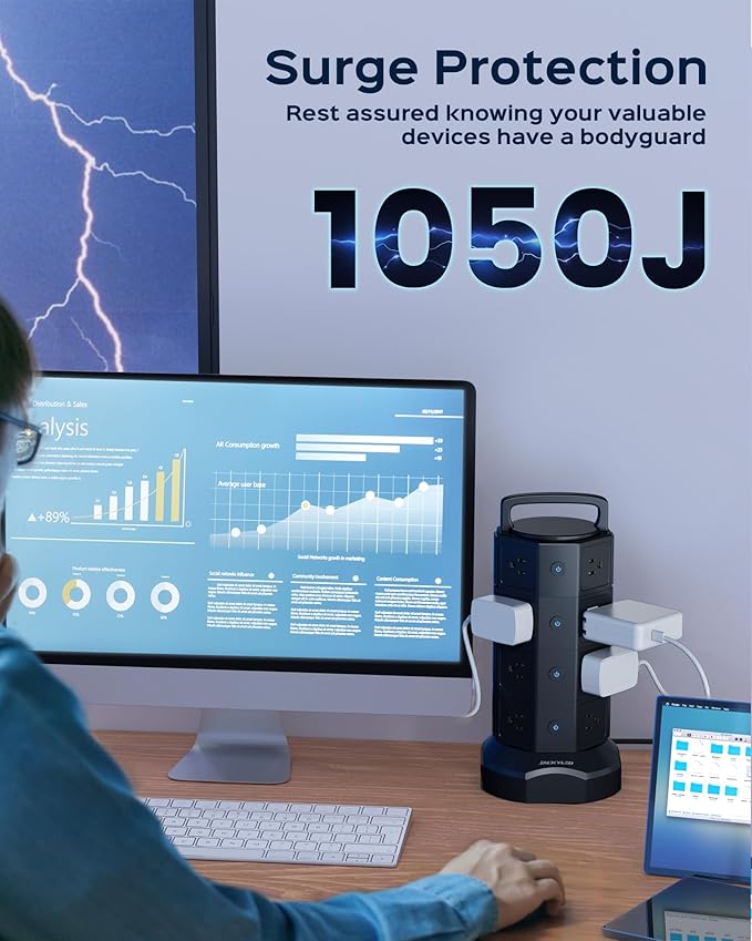 Power Strip Tower Surge Protector, JACKYLED 16 Outlets 6 USB Charging Station