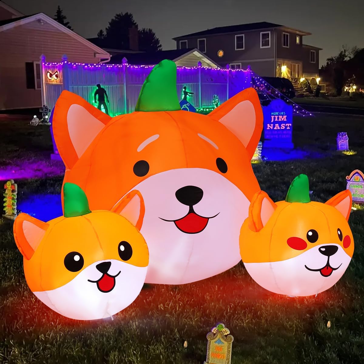 GOOSH 5 FT Long Halloween Inflatables Pumpkin Dog Outdoor Decorations Blow Up Yard Dog Head Combo Decoration with Built-in LEDs for Indoor Party Garden Lawn Holiday Decor