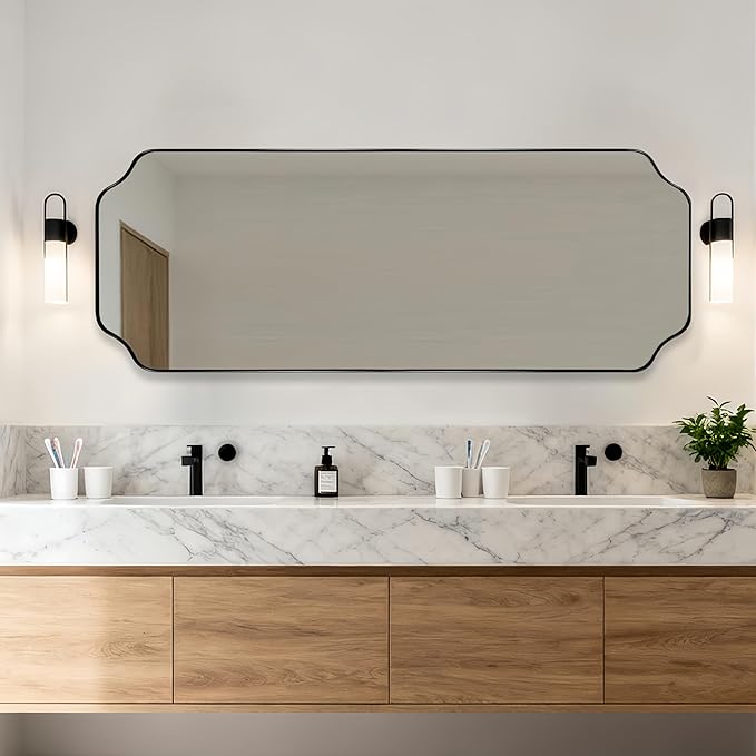 ANDY STAR 18" x 48" Full Length Mirror, Large Black Scalloped Bathroom Mirror