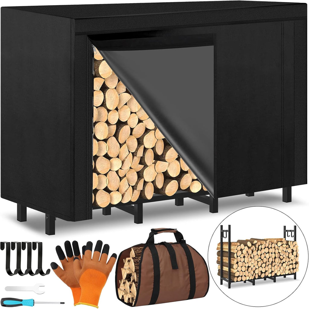 4FT Outdoor Firewood Rack, Wood Storage with 600D Waterproof Oxford Cover Heavy Duty 8 Legs Firewood Log Holder Indoor with Log Carrier, Gloves, and Kindling Hooks for Fireplace Patio Deck Wood Rack