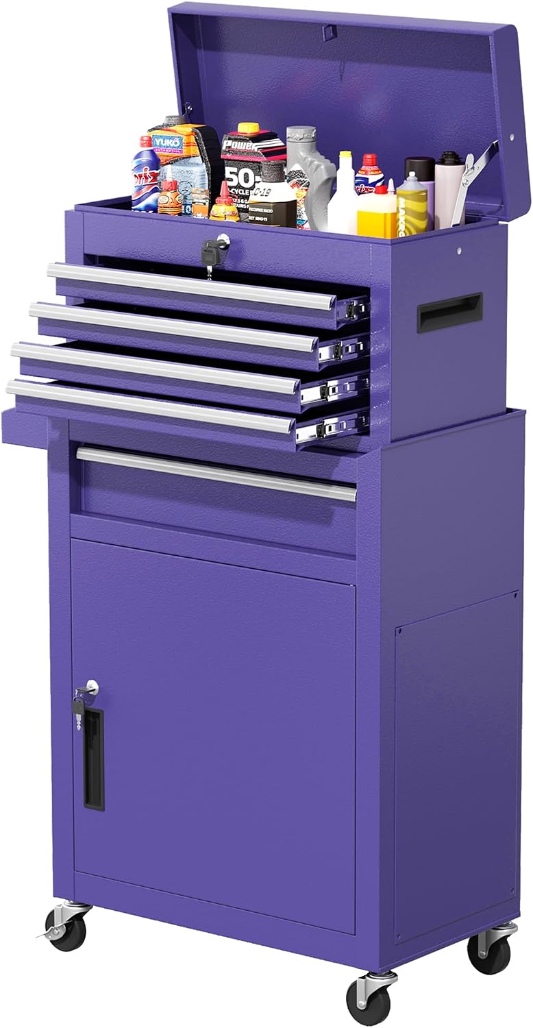 Greenvelly Tool Chest, 5-Drawer Rolling Tool Chest with Hooks and Lockable Wheels,Metal Storage Detachable Top Tool Box with Lockable Wheels for Garage,Workshop,Art Studio(Purple)