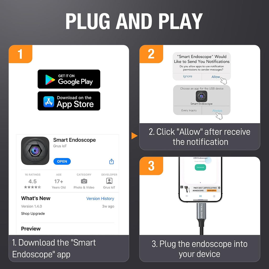 teslong 2.0mp usb-c auto focus borescope for plumbing, package contents