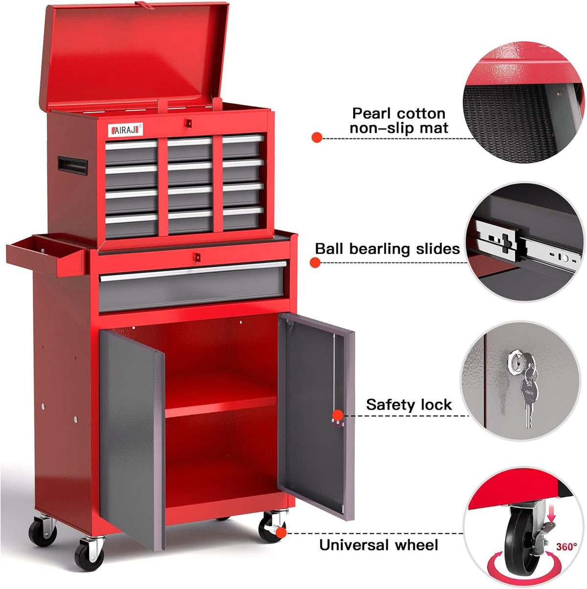 airaj tool chest 7-drawers, 40'' h rolling tool, close-up detail