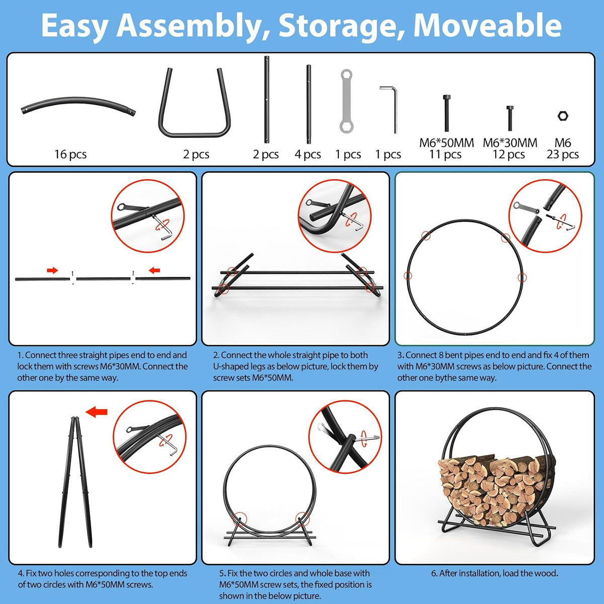 40 inch indoor or outdoor firewood rack circle, package contents