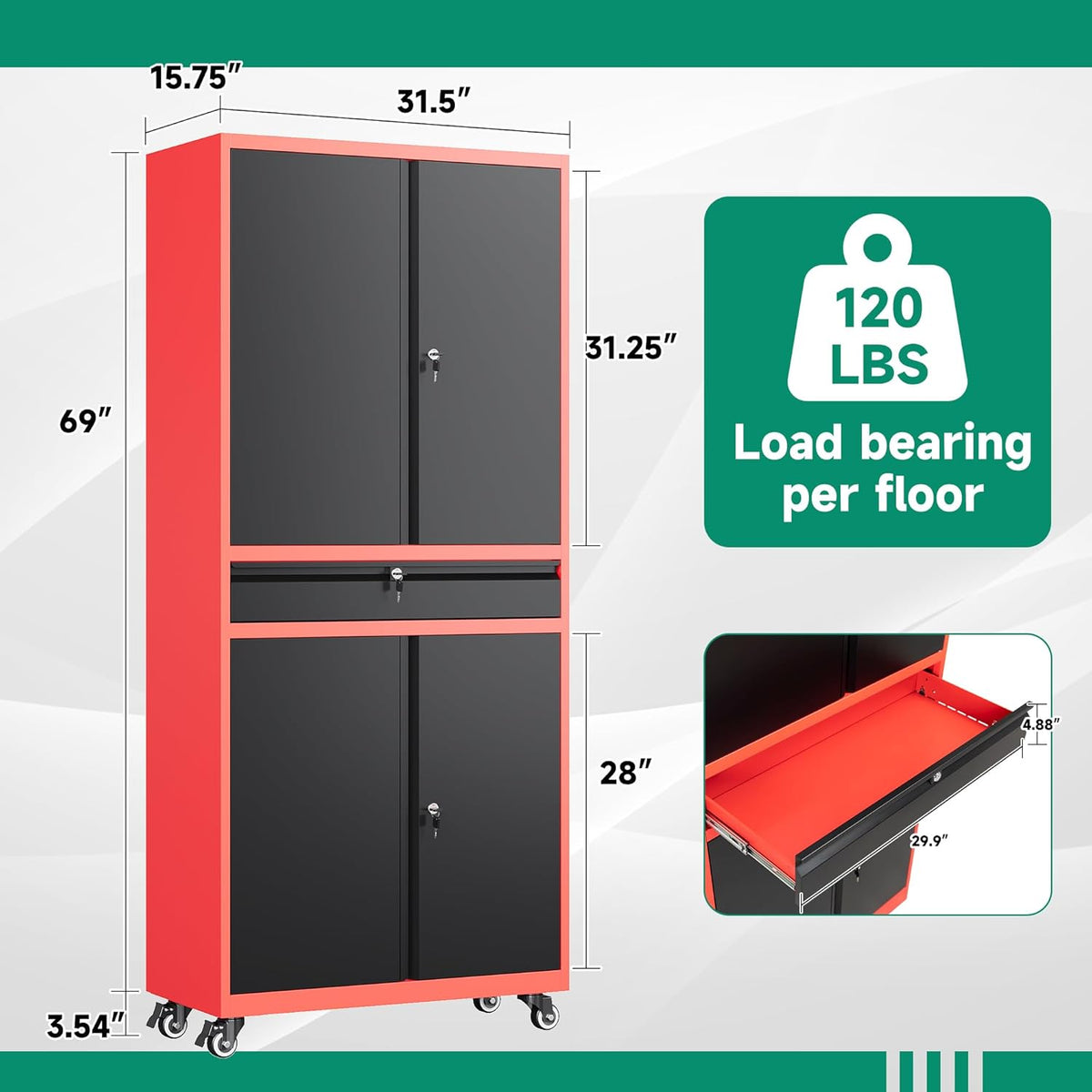 letaya metal garage storage cabinet with wheels,rolling tool, side view