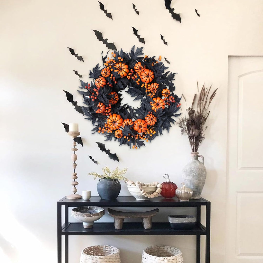 Halloween Wreaths Black Maple Leaf Wreath Orange Pumpkin Wreath Holiday Decoration Party Party Celebration Wreaths Front Door Back Door Hallway Patio Decoration