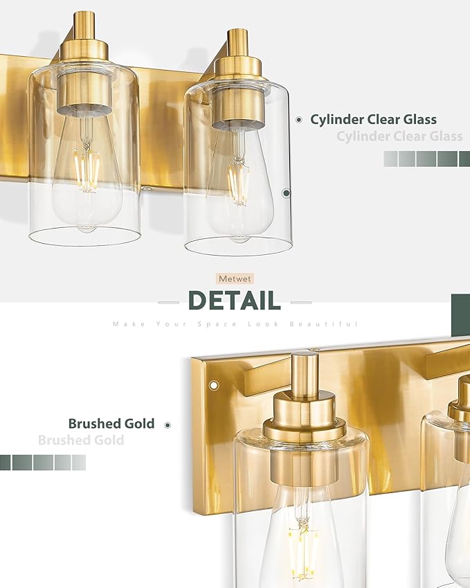 METWET 4-Light Bathroom Light Fixtures, Brushed Gold Vanity Light