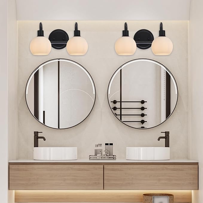 WINSHEN 2-Light Black Bathroom Light Fixture, Milk White Globe Wall Sconce Lamp