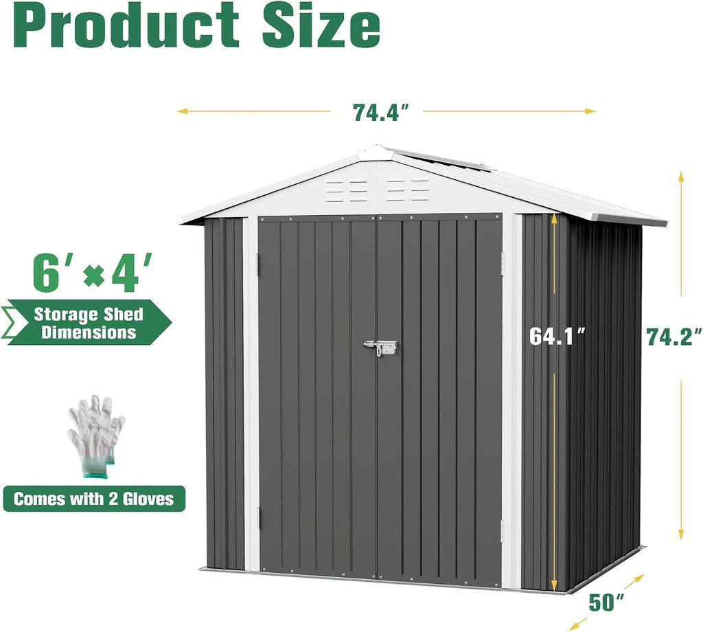 flamaker 6x4 ft storage shed waterproof metal garden showing dimensions