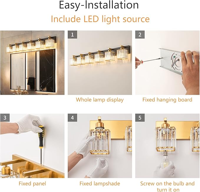 FDPBY Modern Bathroom Vanity Light 6-Lights Black Gold Crystal Bathroom Wall