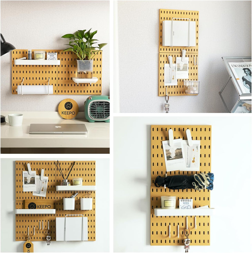 Keepo Peg Board Wall Organizer – Plastic Pegboard Panels, Modular Peg Board Storage System For Home Office, Craft Room, Gaming Setup (Tan brown, 22″×22″)