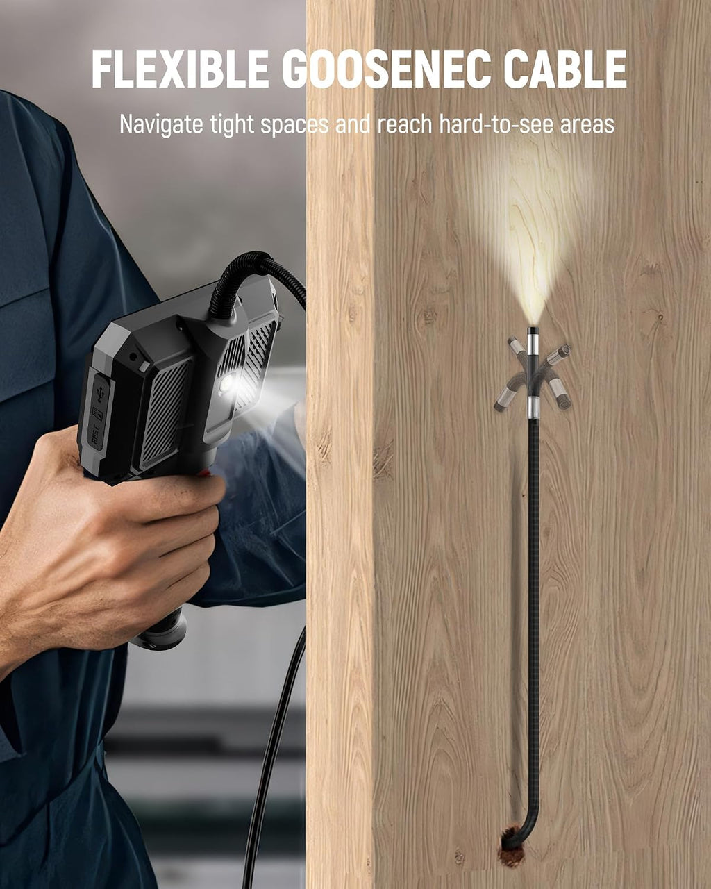 two-way articulating borescope camera with light, 0.25in slim on a desk or shelf