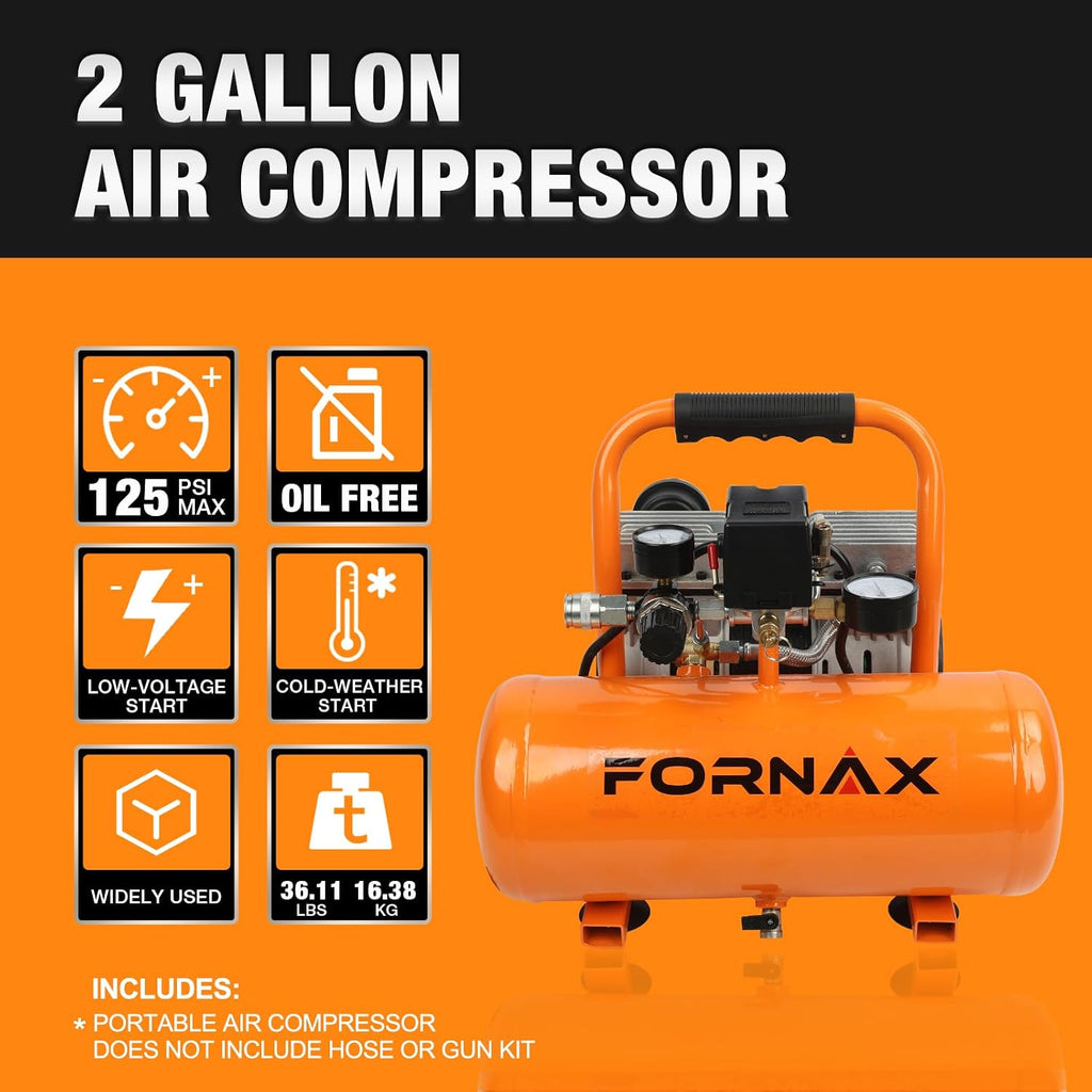 FORNAX 2 Gallon Air Compressor, 1HP Oil-Free Portable Compressor, 120V, 2.2 CFM @ 90 PSI, Max 125 PSI, 65dB Ultra Quiet Portable Compressor for Tire Inflation, Auto Repair, Spray Painting
