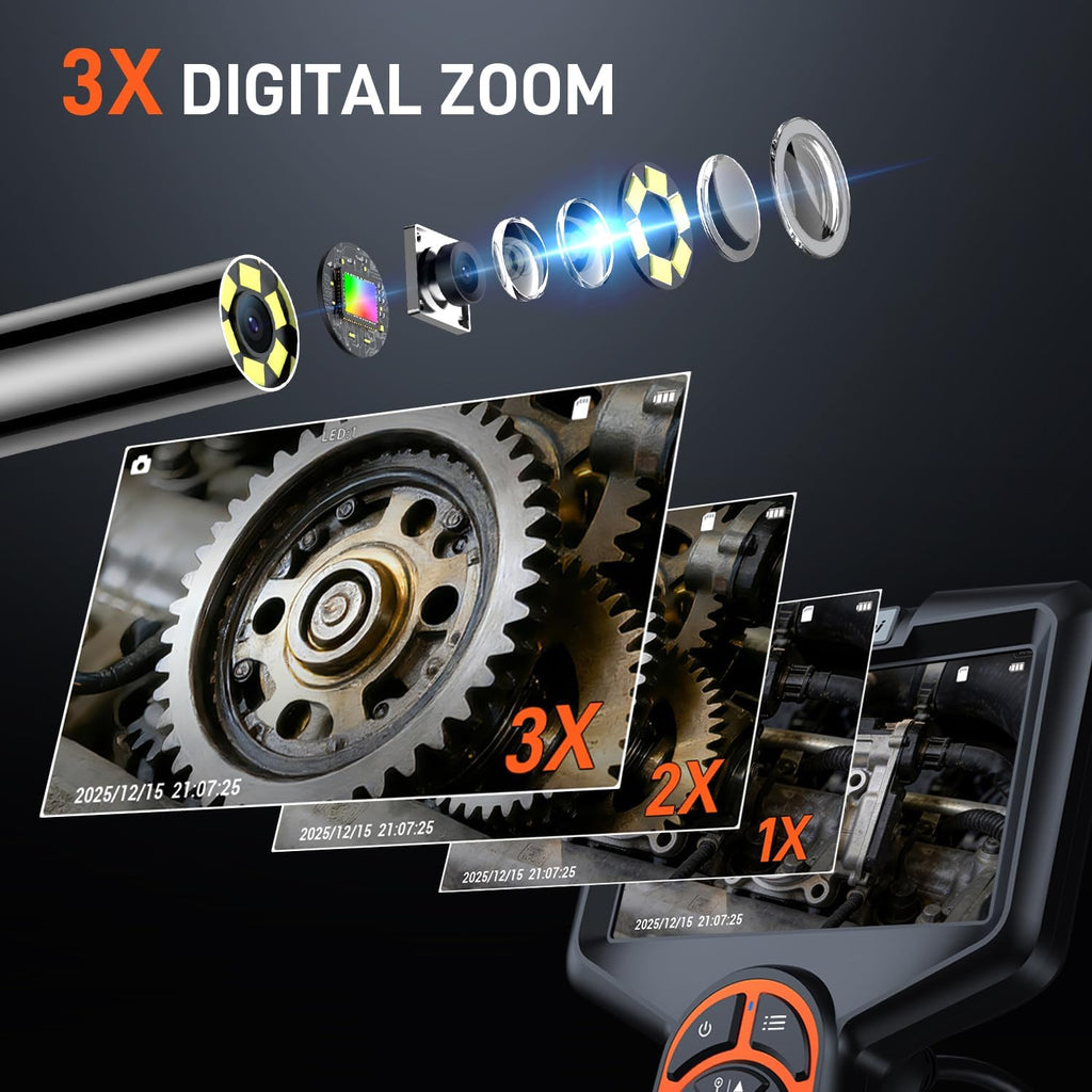 3.9mm borescope camera with light, 5" industrial endoscope showing dimensions