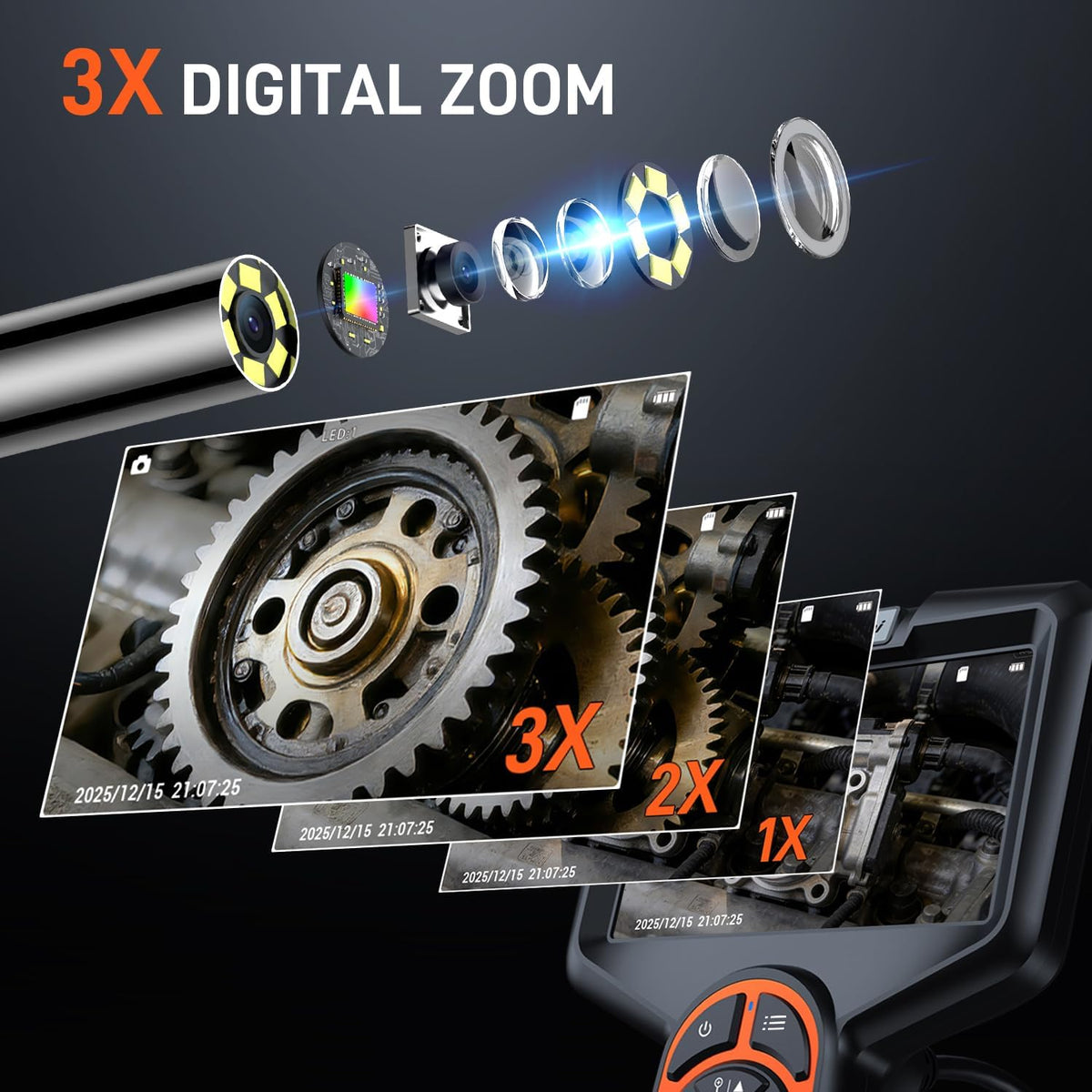 3.9mm borescope camera with light, 5" industrial endoscope showing dimensions