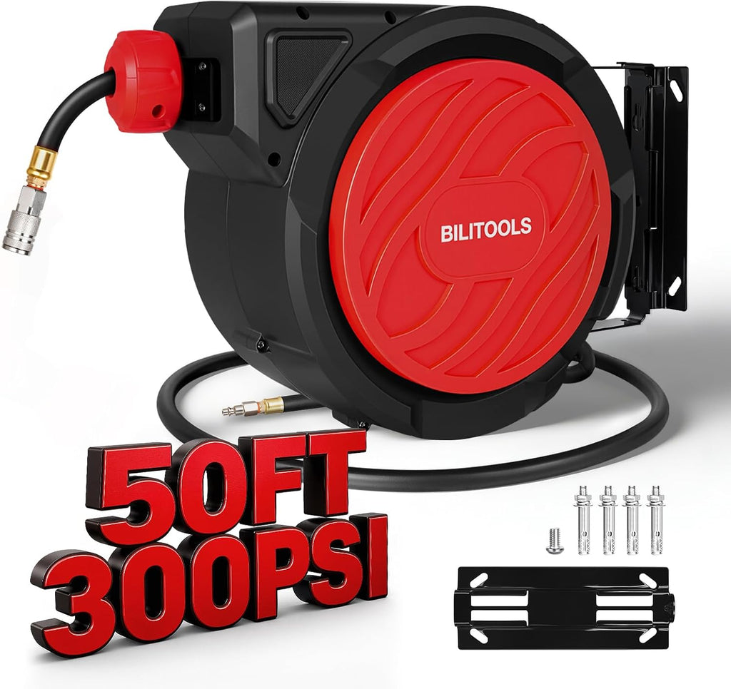 BILITOOLS Retractable Air Hose Reel 3/8" x 50FT Max 300PSI Auto Rewind