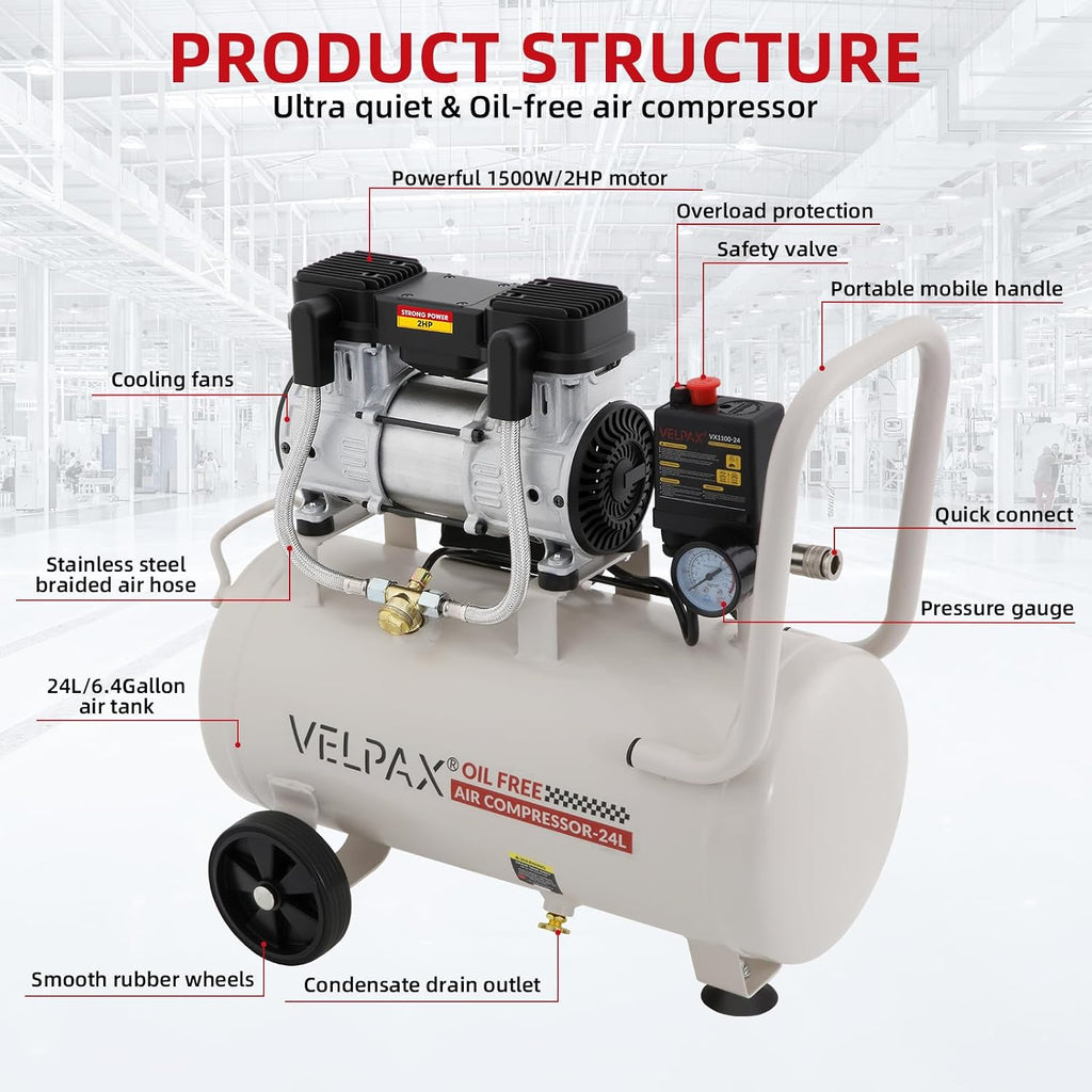 Ultra Quiet Air Compressor, Only 60dB, 6.4 Gallon Tank, Oil-Free, 110V/60Hz 2HP, 6.71CFM@115PSI, Air Compressor Perfect for Spray Painting, Auto Repair, Tire inflation, Woodwork nailing