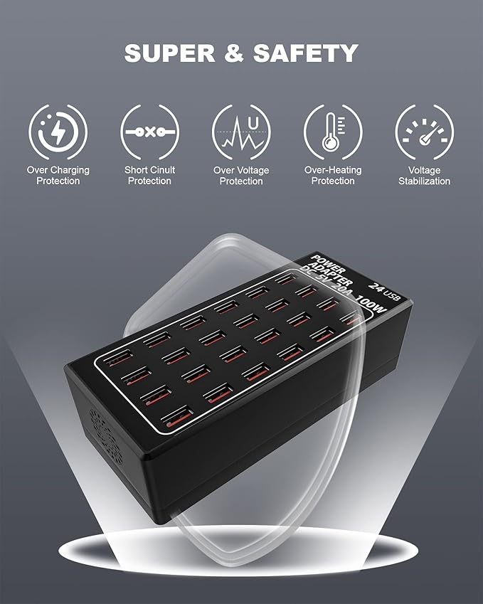 24-Port 100 watt USB Charging Station, Travel Desktop USB Rapid Charger