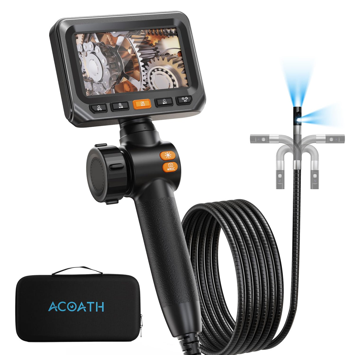 Acoath Two-Way Articulating Borescope, Endoscope Camera with Light, Dual-Lens 1080P Industrial Inspection Camera, 4.3" IPS Screen, 32GB Card, IP67 Waterproof Sewer Tools - 5FT